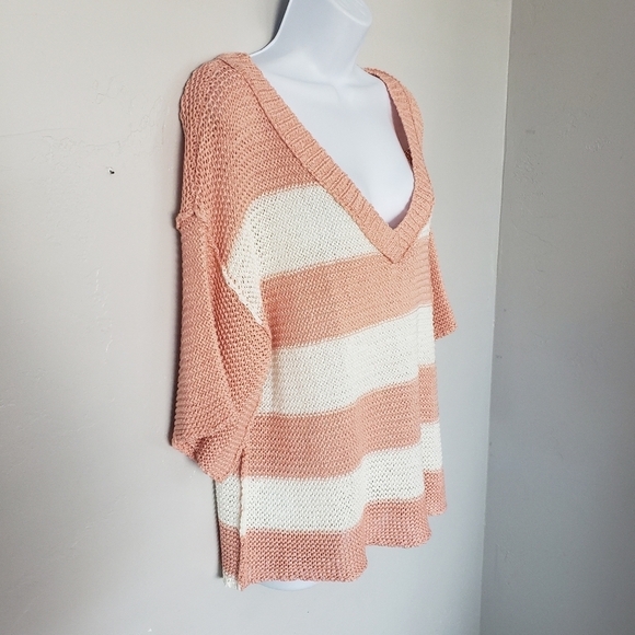 Twenty Ten Large Peach Orange & White Striped Sweater Knit Quarter Sleeve Blouse - Picture 4 of 7